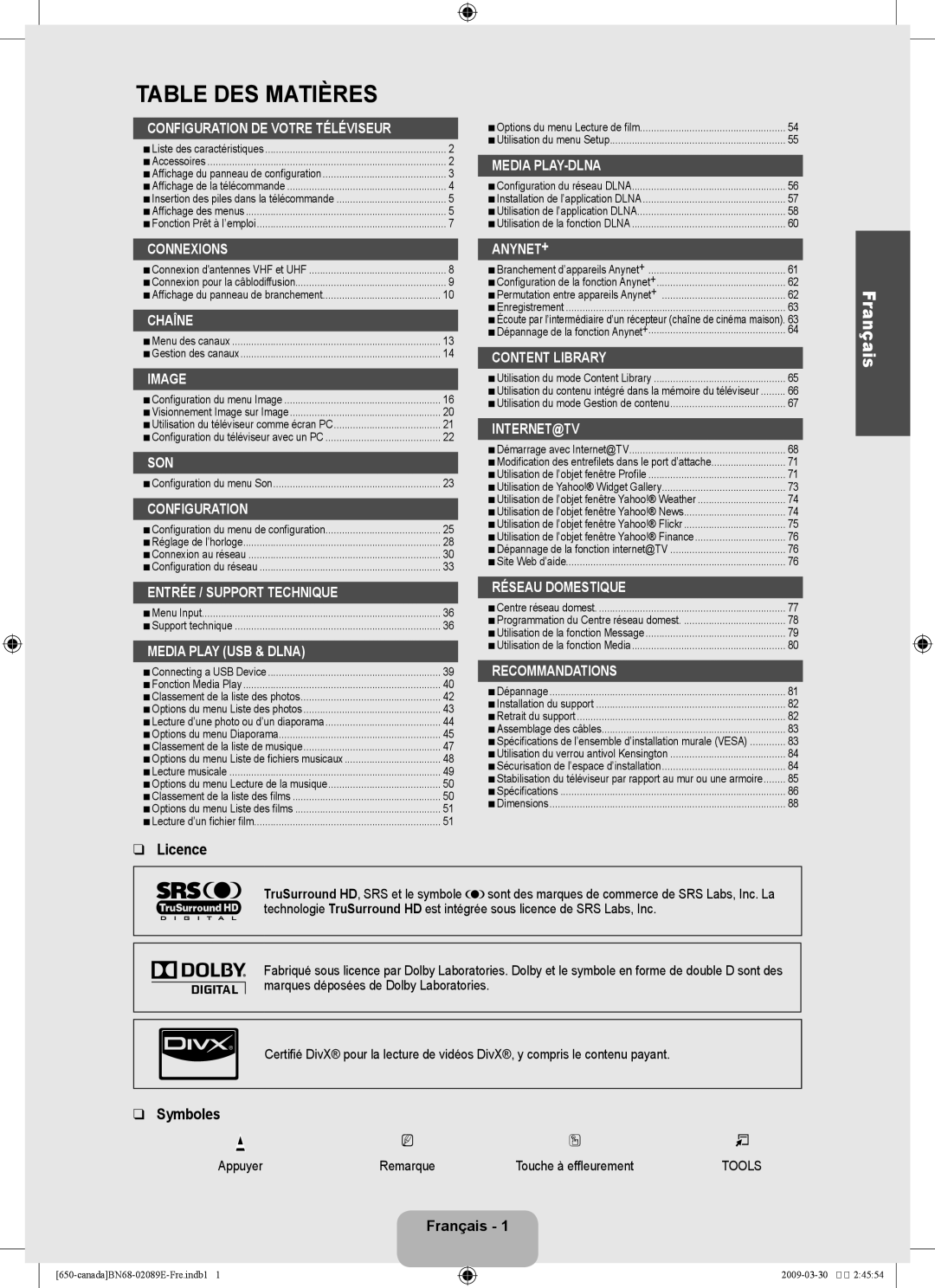 Samsung LN40B60, LN46B60 user manual Licence, Symboles, Français, Appuyer 