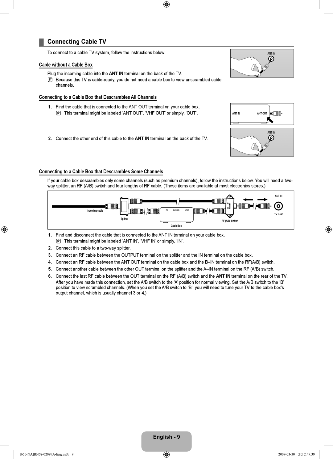 Samsung LN46B60 Connecting Cable TV, Cable without a Cable Box, Connecting to a Cable Box that Descrambles All Channels 