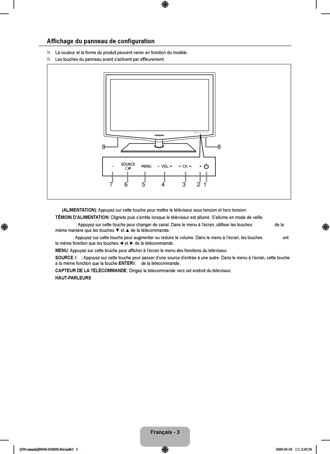 Samsung LN40B60, LN46B60 user manual Affichage du panneau de configuration, Français  