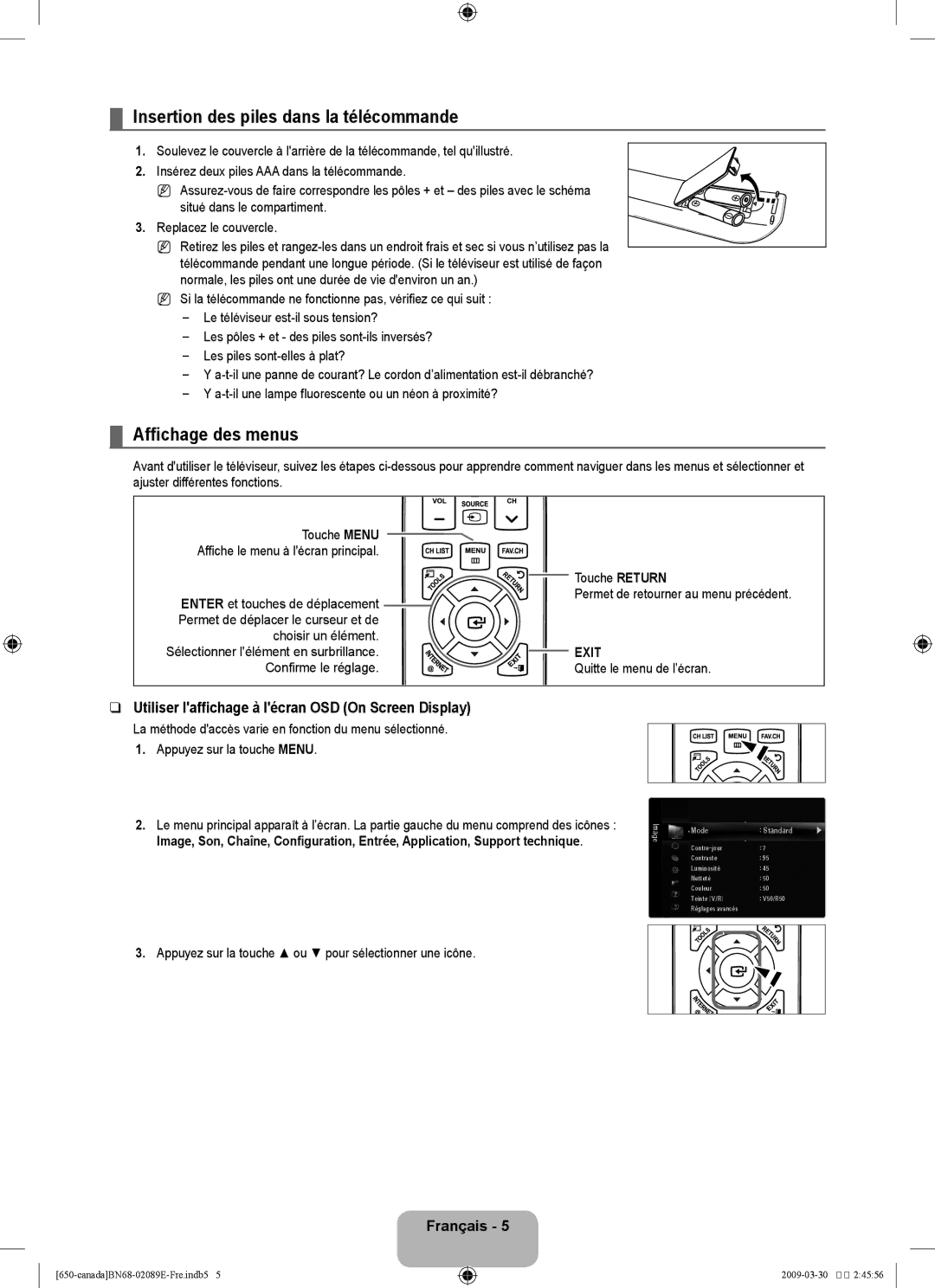 Samsung LN40B60, LN46B60 Insertion des piles dans la télécommande, Affichage des menus, Quitte le menu de l’écran 