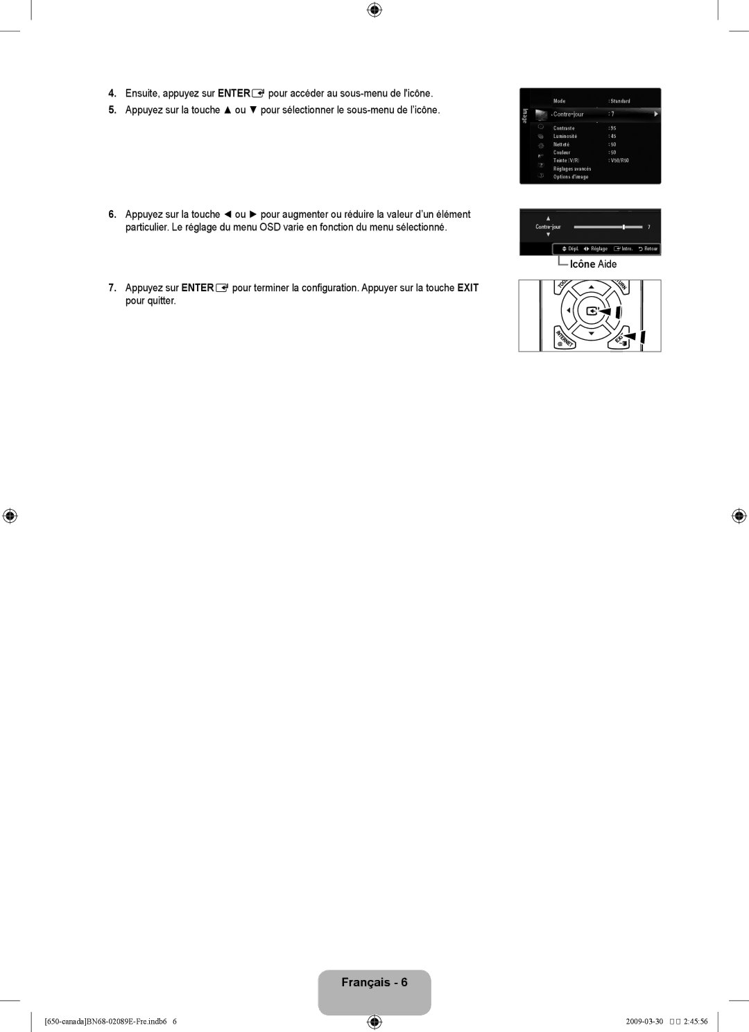 Samsung LN46B60, LN40B60 user manual Icône Aide, Contre-jour 