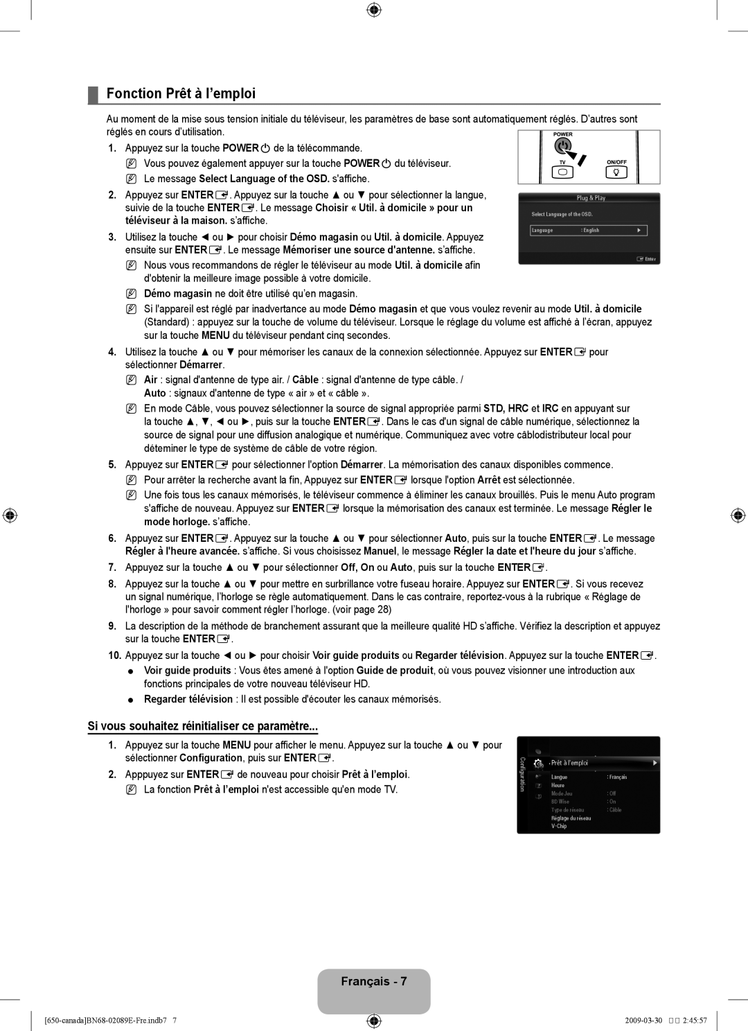 Samsung LN40B60, LN46B60 user manual Fonction Prêt à I’emploi, Si vous souhaitez réinitialiser ce paramètre 