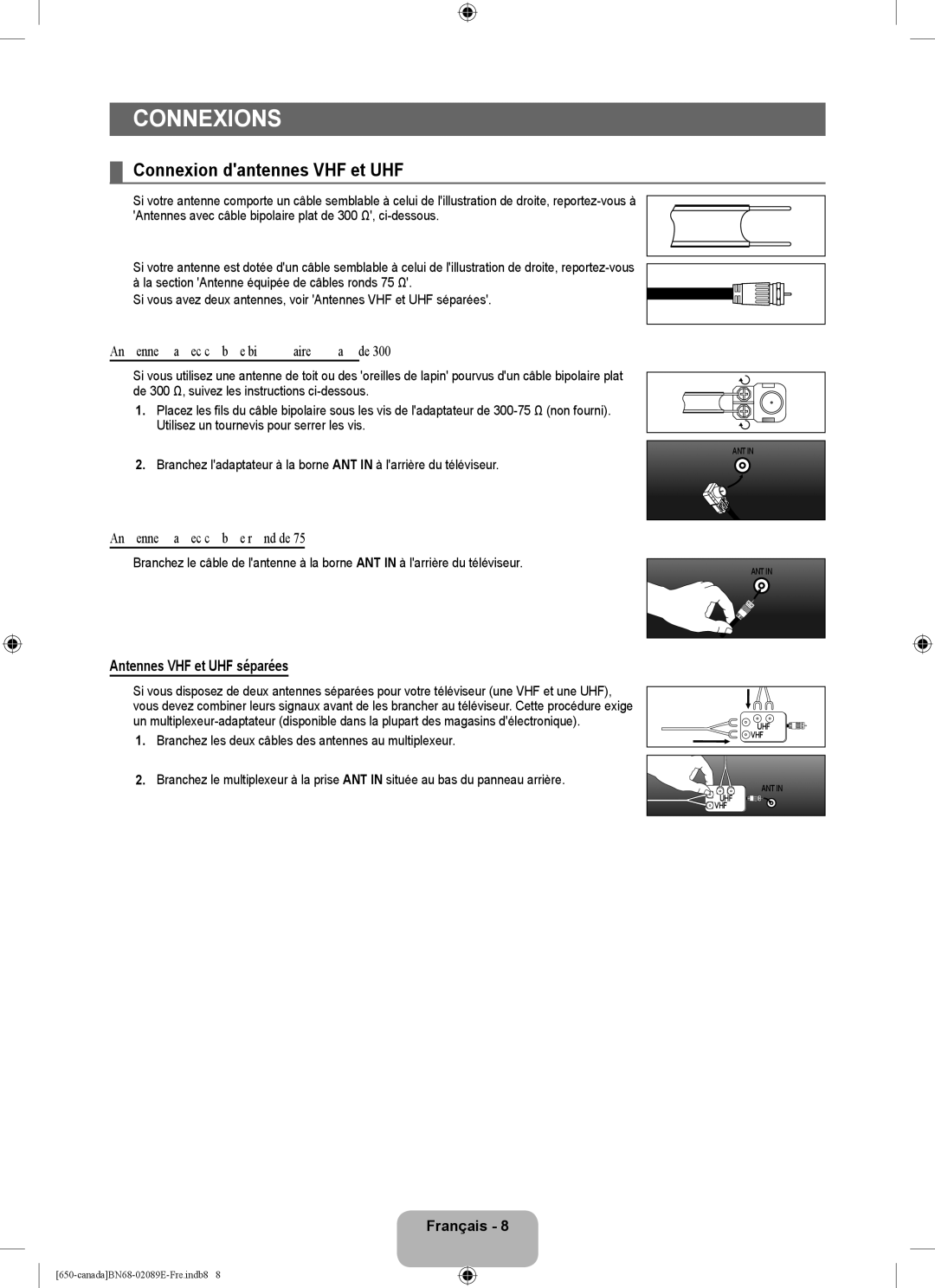 Samsung LN46B60, LN40B60 user manual Connexions, Connexion dantennes VHF et UHF, Antennes avec câble bipolaire plat de 300 Ω 