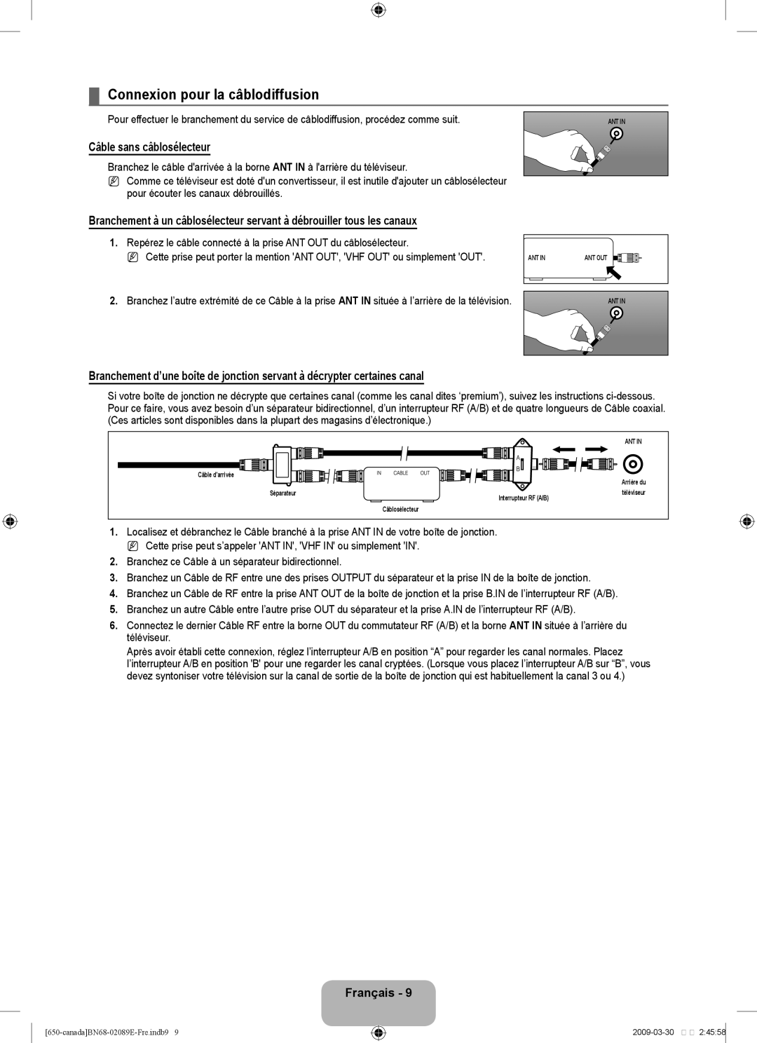 Samsung LN40B60, LN46B60 user manual Connexion pour la câblodiffusion, Câble sans câblosélecteur 