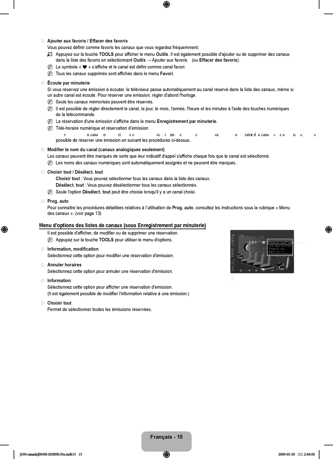 Samsung LN40B60 Ajouter aux favoris / Effacer des favoris, Êcoute par minuterie, Choisir tout / Désélect. tout, Prog. auto 