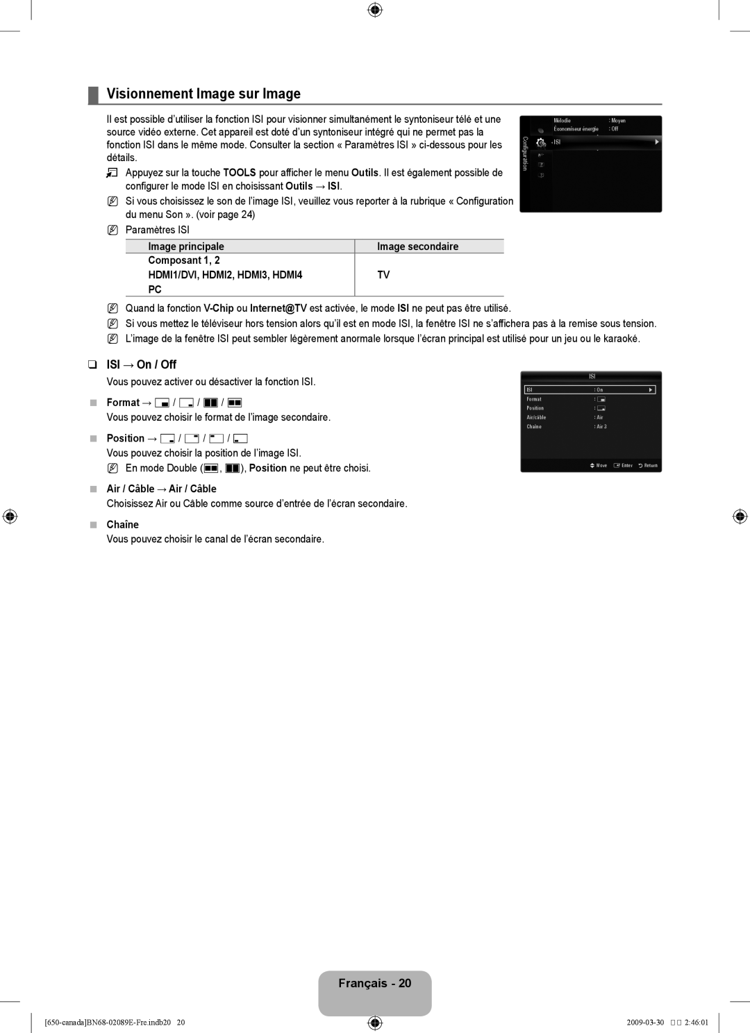 Samsung LN46B60, LN40B60 user manual Visionnement Image sur Image, ISI → On / Off 