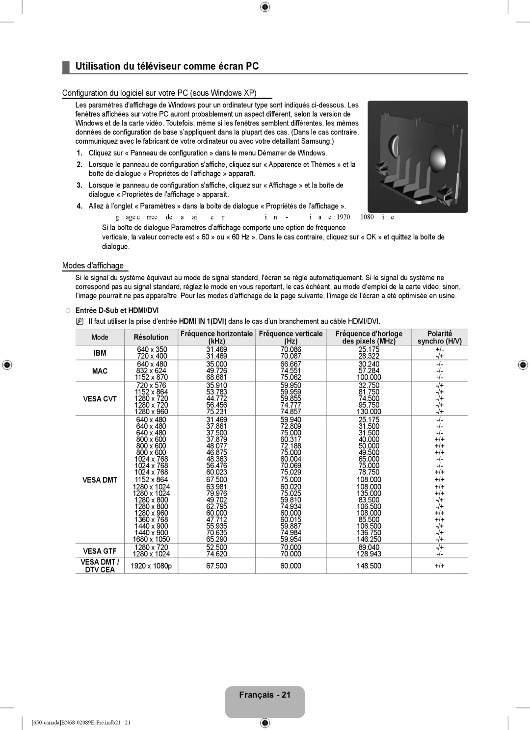 Samsung LN40B60, LN46B60 Utilisation du téléviseur comme écran PC, Configuration du logiciel sur votre PC sous Windows XP 