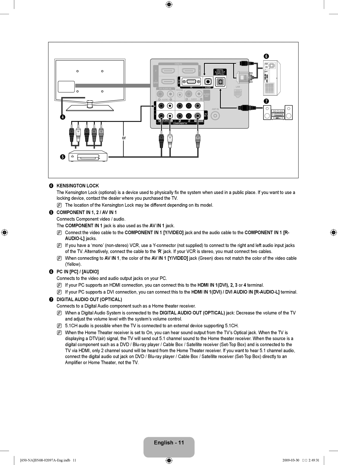 Samsung LN46B60, LN40B60 user manual Kensington Lock, PC in PC / Audio 