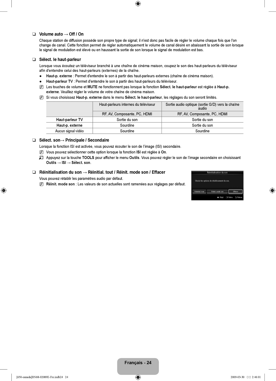 Samsung LN46B60, LN40B60 user manual Volume auto → Off / On, Sélect. le haut-parleur, Sélect. son→ Principale / Secondaire 