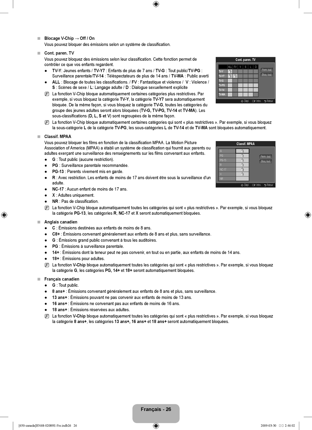 Samsung LN46B60, LN40B60 Blocage V-Chip → Off / On, Cont. paren. TV, Classif. Mpaa, Anglais canadien, Français canadien 