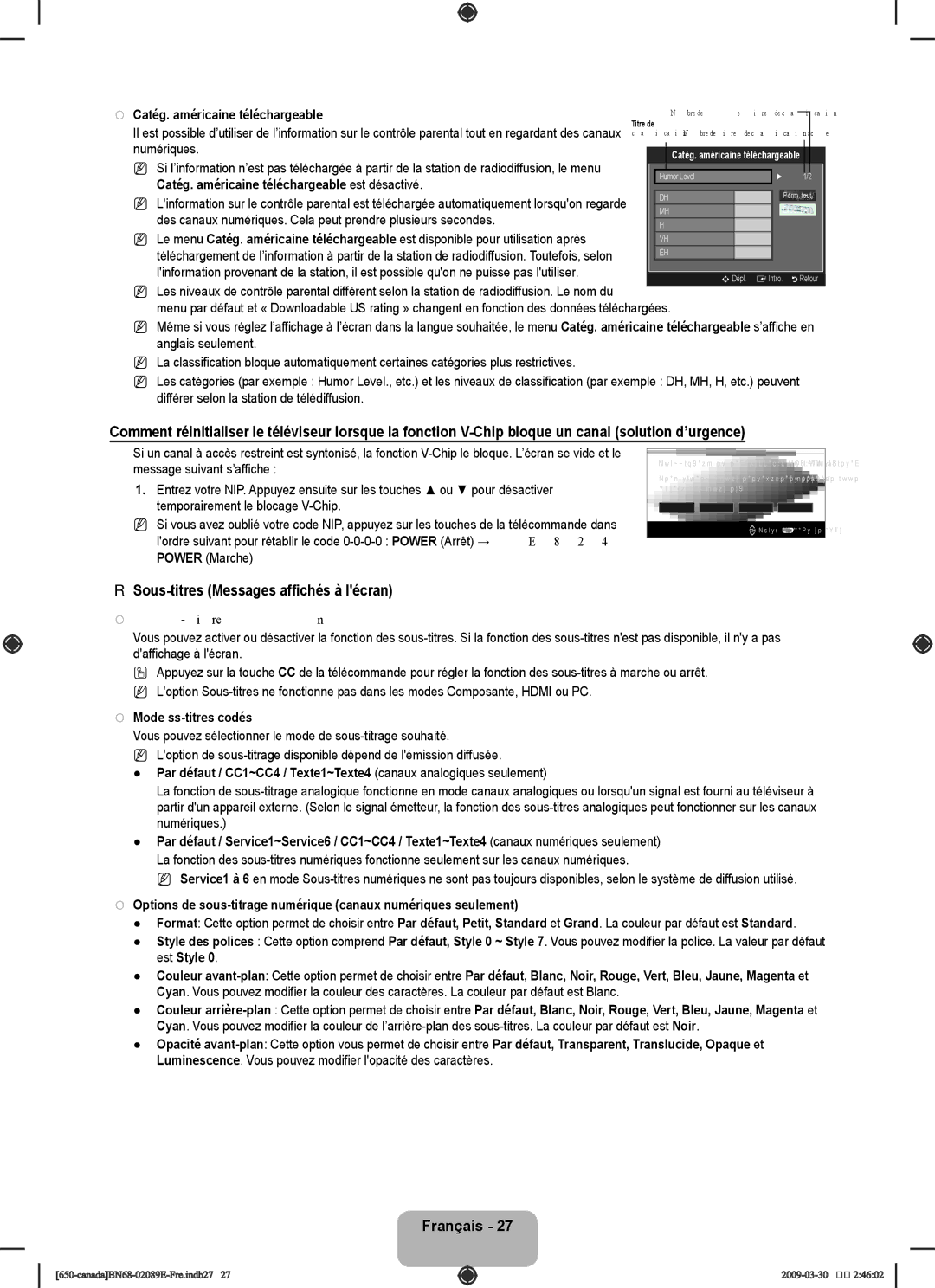 Samsung LN40B60, LN46B60 user manual Sous-titres Messages affichés à lécran, Sous-titres → Off / On, Mode ss-titres codés 