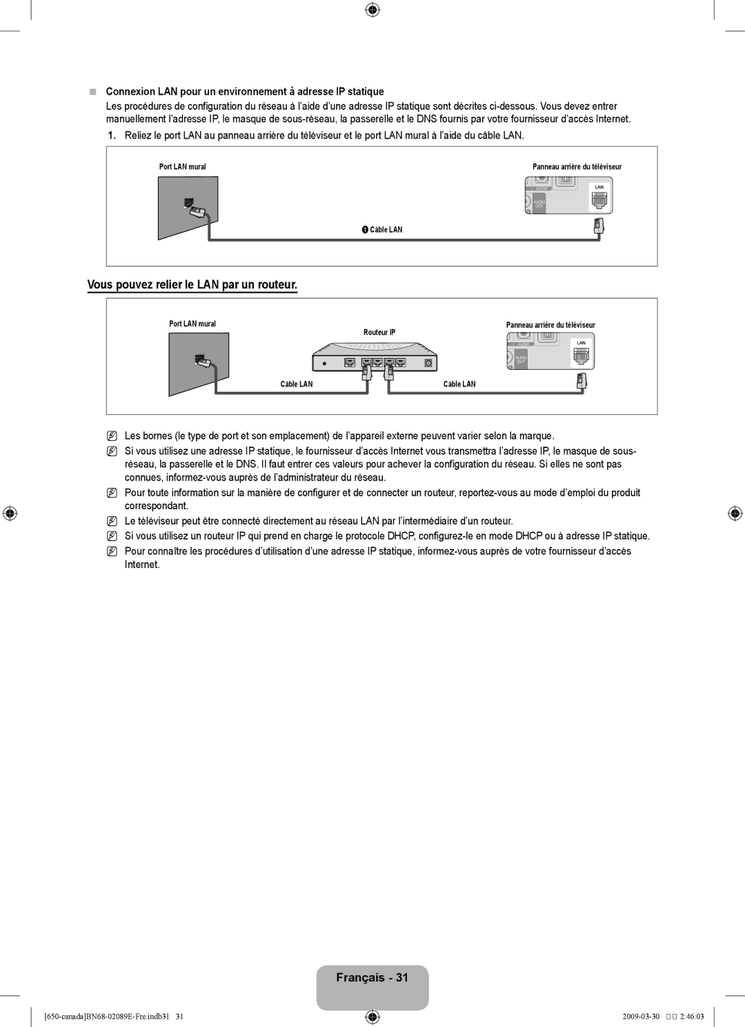 Samsung LN40B60, LN46B60 user manual Connexion LAN pour un environnement à adresse IP statique 