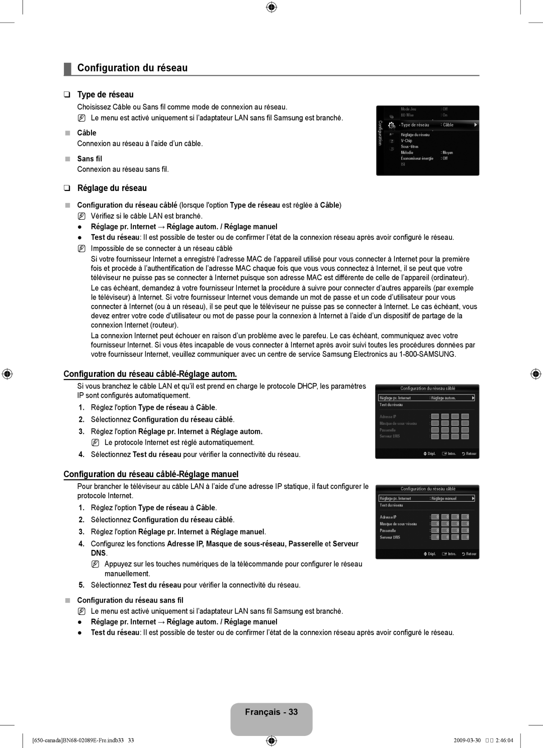 Samsung LN40B60, LN46B60 user manual Type de réseau, Réglage du réseau, Configuration du réseau câblé-Réglage autom 