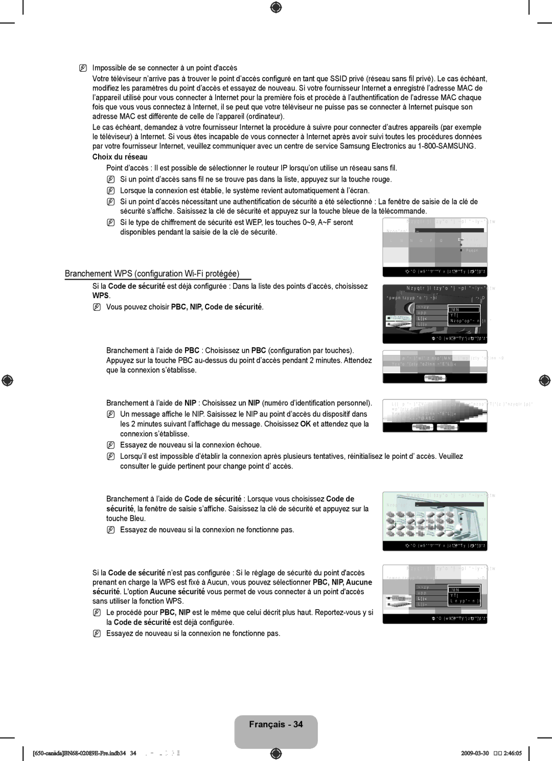 Samsung LN46B60, LN40B60 Branchement WPS configuration Wi-Fi protégée, Impossible de se connecter à un point daccès 