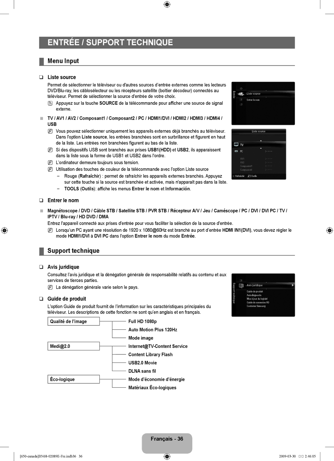 Samsung LN46B60, LN40B60 user manual Entrée / Support TEChNIQUE, Menu Input, Support technique 