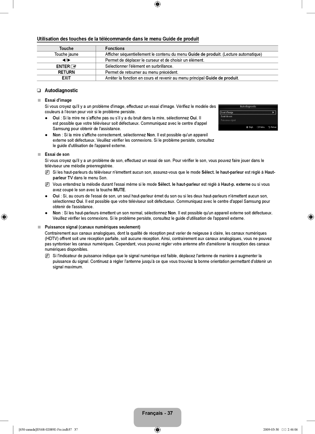 Samsung LN40B60 Autodiagnostic, Fonctions, Essai dimage, Essai de son, Puissance signal canaux numériques seulement 