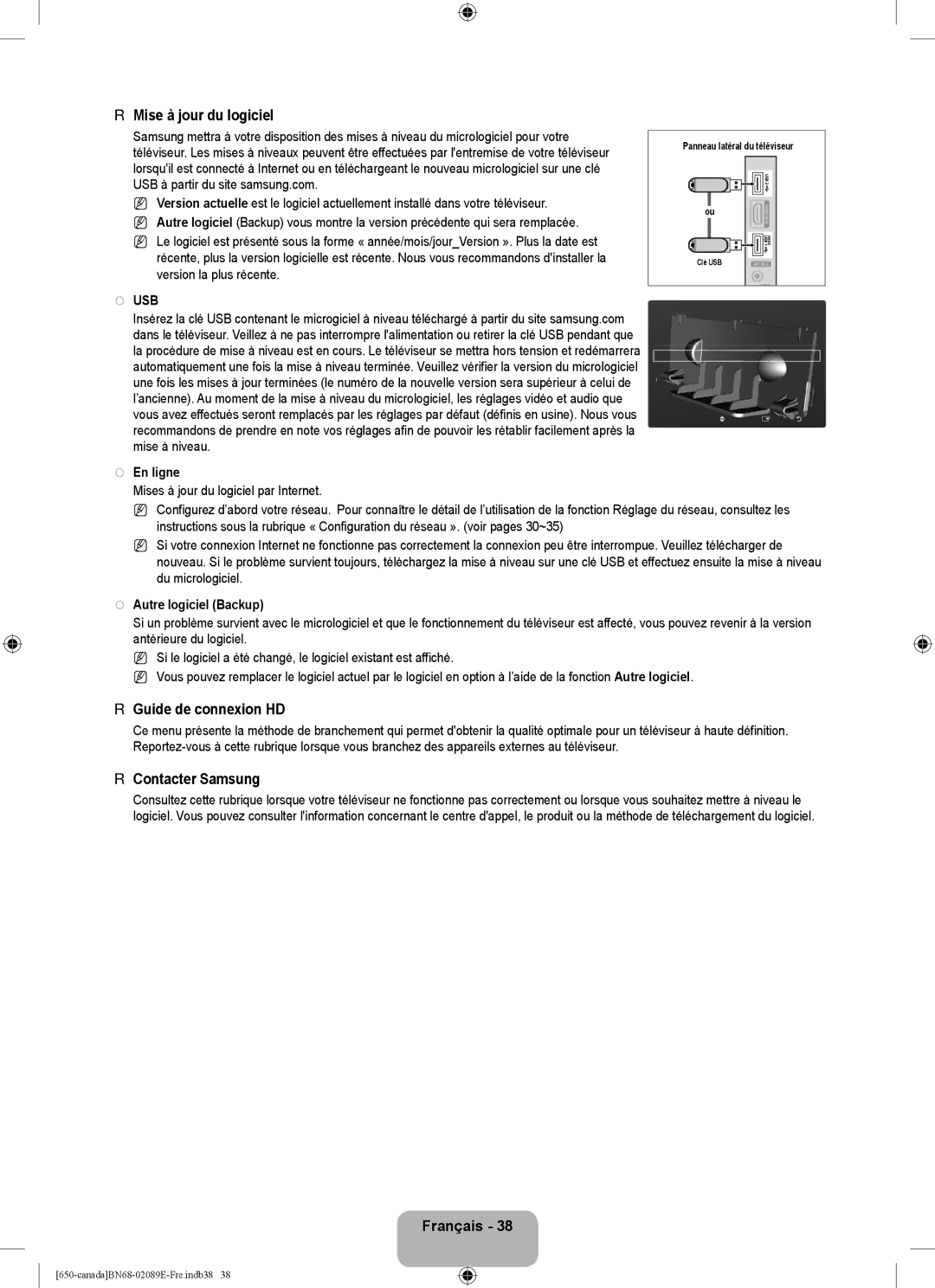 Samsung LN46B60 Mise à jour du logiciel, Guide de connexion HD, Contacter Samsung, En ligne, Autre logiciel Backup 