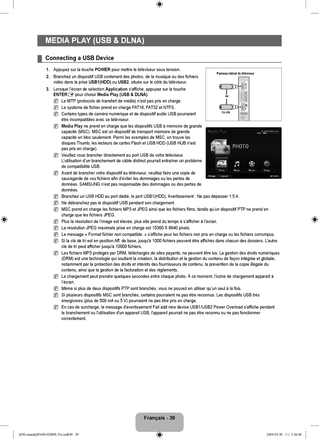 Samsung LN40B60, LN46B60 user manual ENTEREpour choisir Media Play USB & Dlna 