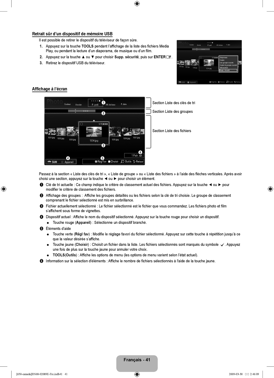 Samsung LN40B60 Retrait sûr d’un dispositif de mémoire USB, Affichage à l’écran, Retirez le dispositif USB du téléviseur 