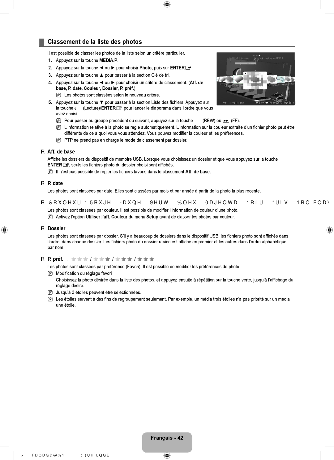 Samsung LN46B60, LN40B60 Classement de la liste des photos, Aff. de base, Date, Dossier, Préf. → FFF / FFF / FFF / FFF 