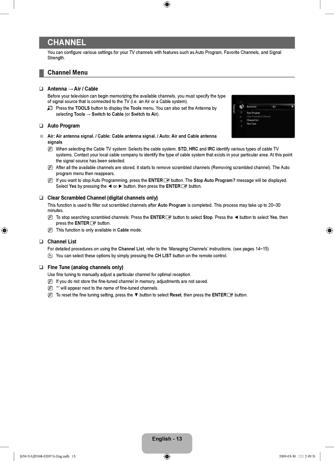 Samsung LN46B60, LN40B60 user manual Channel Menu 