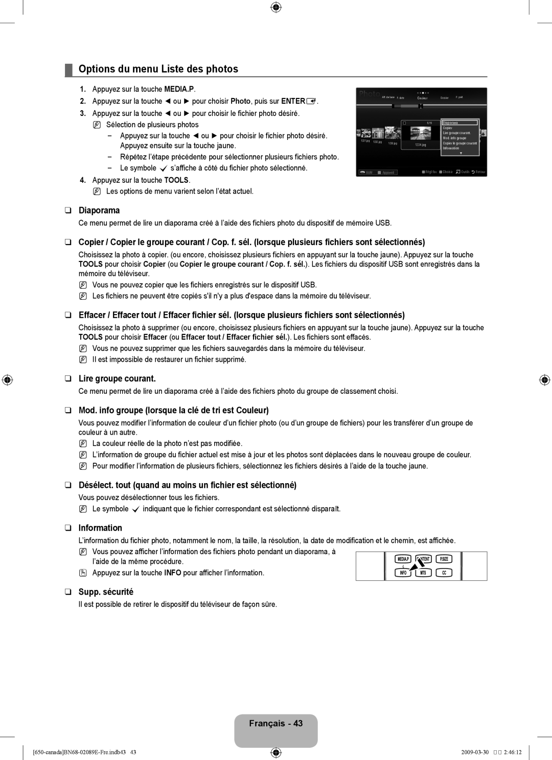 Samsung LN40B60, LN46B60 user manual Options du menu Liste des photos 