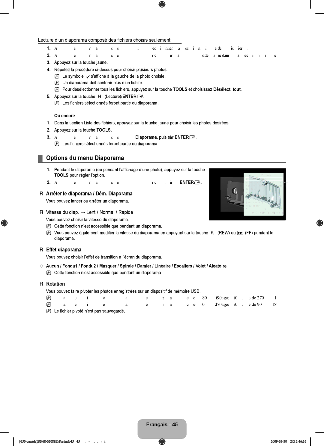 Samsung LN40B60, LN46B60 Options du menu Diaporama, Arrêter le diaporama / Dém. Diaporama, Effet diaporama, Rotation 