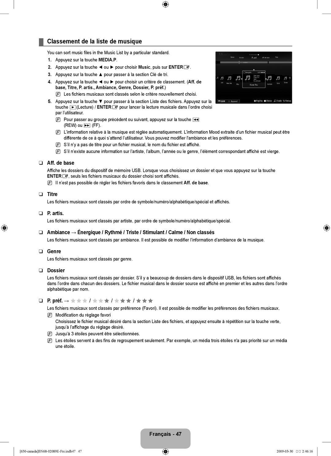 Samsung LN40B60, LN46B60 Classement de la liste de musique, Titre, Artis, Les fichiers musicaux sont classés par genre 