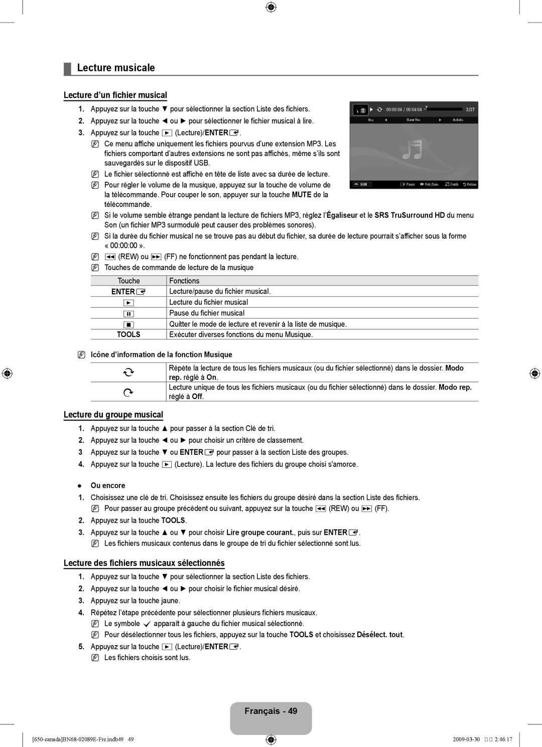 Samsung LN40B60, LN46B60 user manual Lecture musicale, Lecture d’un fichier musical, Lecture du groupe musical 