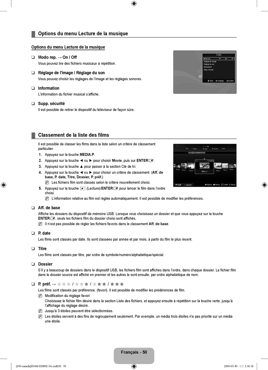 Samsung LN46B60, LN40B60 user manual Options du menu Lecture de la musique, Classement de la liste des films 