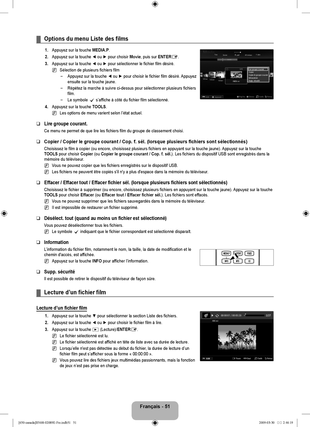 Samsung LN40B60, LN46B60 user manual Options du menu Liste des films, Lecture d’un fichier film, 000001 / 000530 3/37 