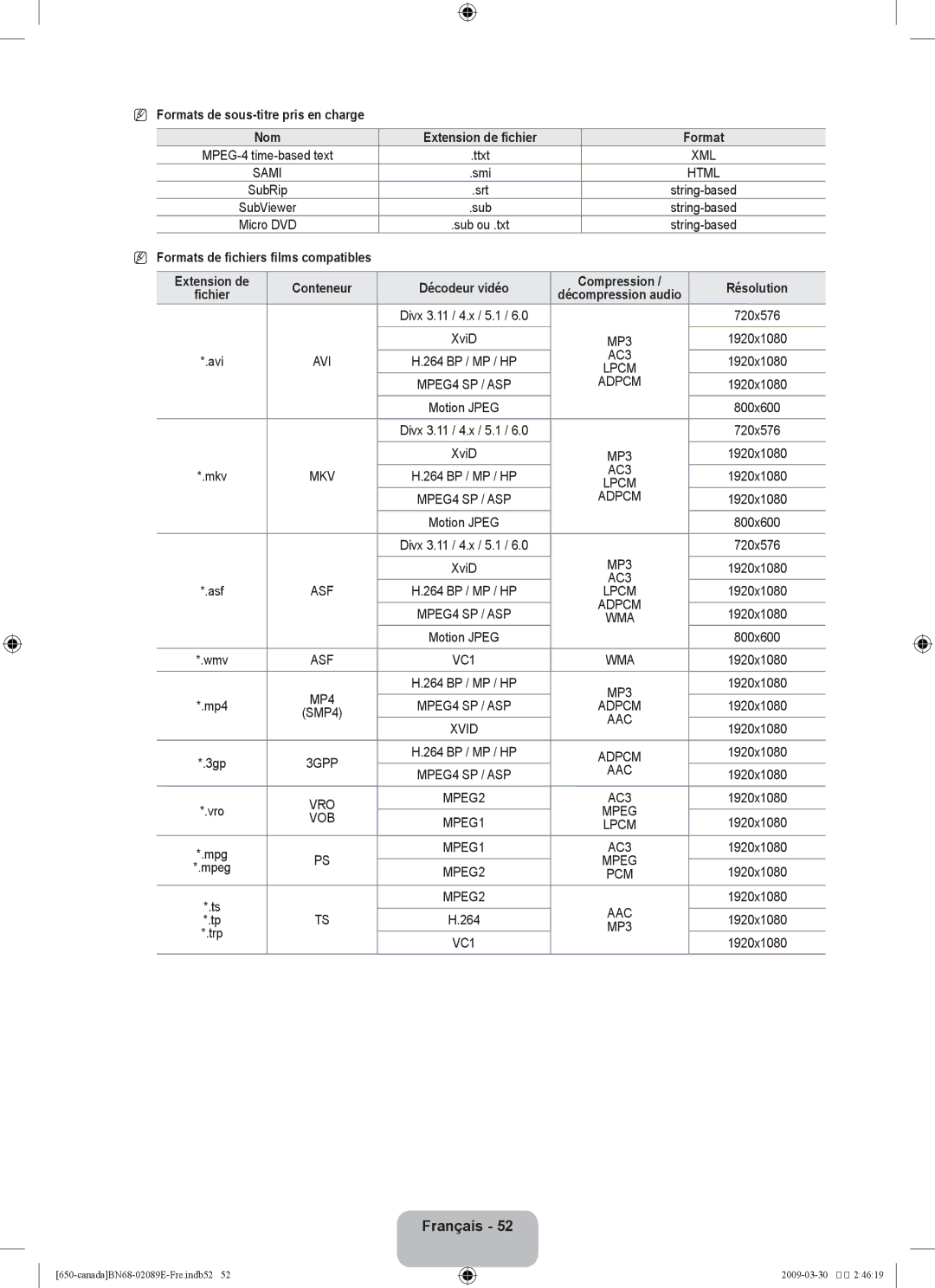 Samsung LN46B60, LN40B60 user manual Formats de sous-titre pris en charge, Mpeg 