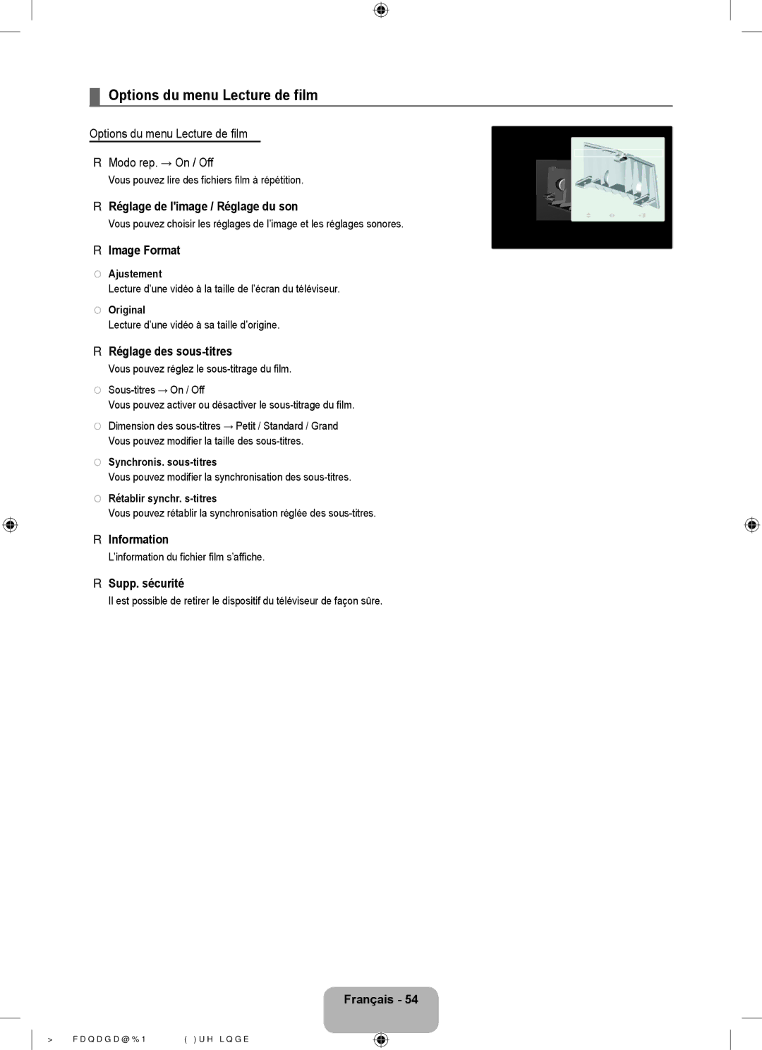 Samsung LN46B60, LN40B60 Options du menu Lecture de film Modo rep. → On / Off, Image Format, Réglage des sous-titres 