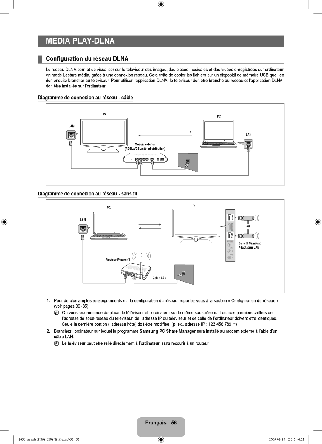 Samsung LN46B60, LN40B60 user manual Configuration du réseau Dlna, Diagramme de connexion au réseau câble 