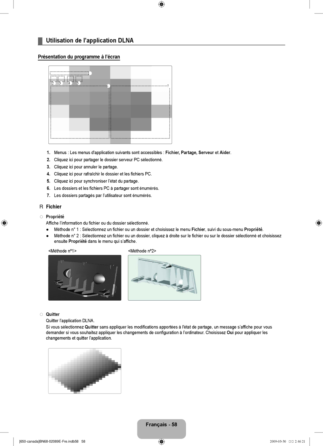 Samsung LN46B60 Utilisation de l’application Dlna, Présentation du programme à l’écran, Fichier, Propriété, Quitter 