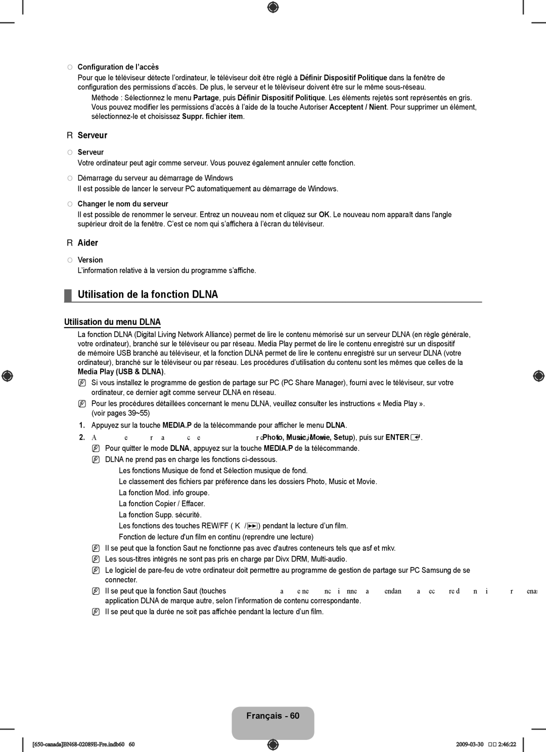 Samsung LN46B60, LN40B60 user manual Utilisation de la fonction Dlna, Serveur, Aider, Utilisation du menu Dlna 