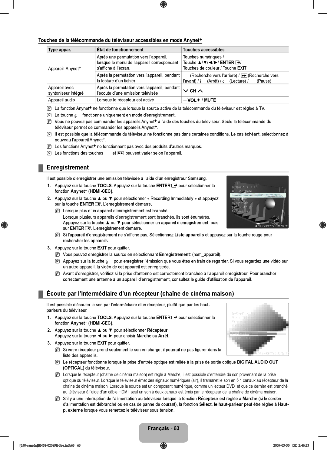 Samsung LN40B60, LN46B60 Enregistrement, Type appar État de fonctionnement Touches accessibles, Touche //// Entere 