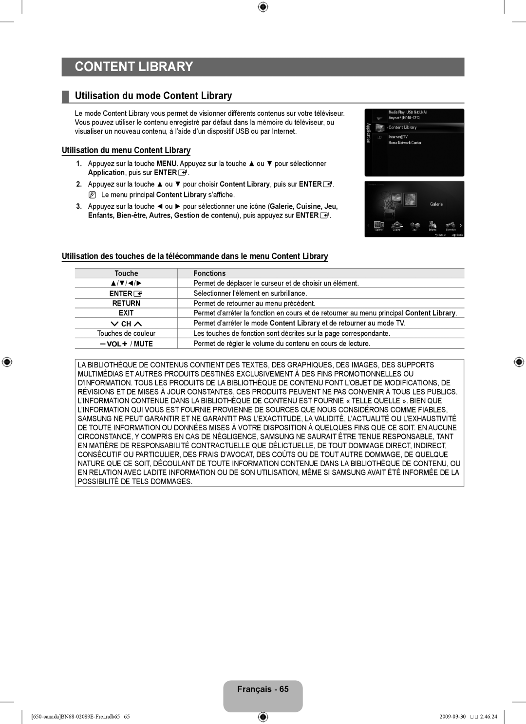 Samsung LN40B60 Content LIBRARy, Utilisation du mode Content Library, Utilisation du menu Content Library, Français 6 