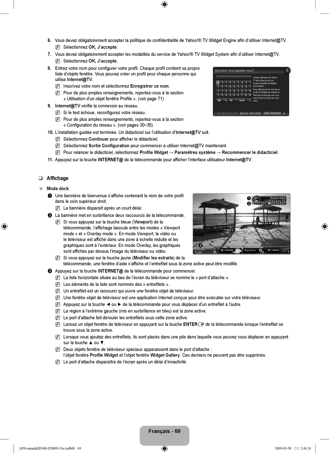 Samsung LN40B60, LN46B60 user manual Affichage, Internet@TV vérifie la connexion au réseau, Mode dock 