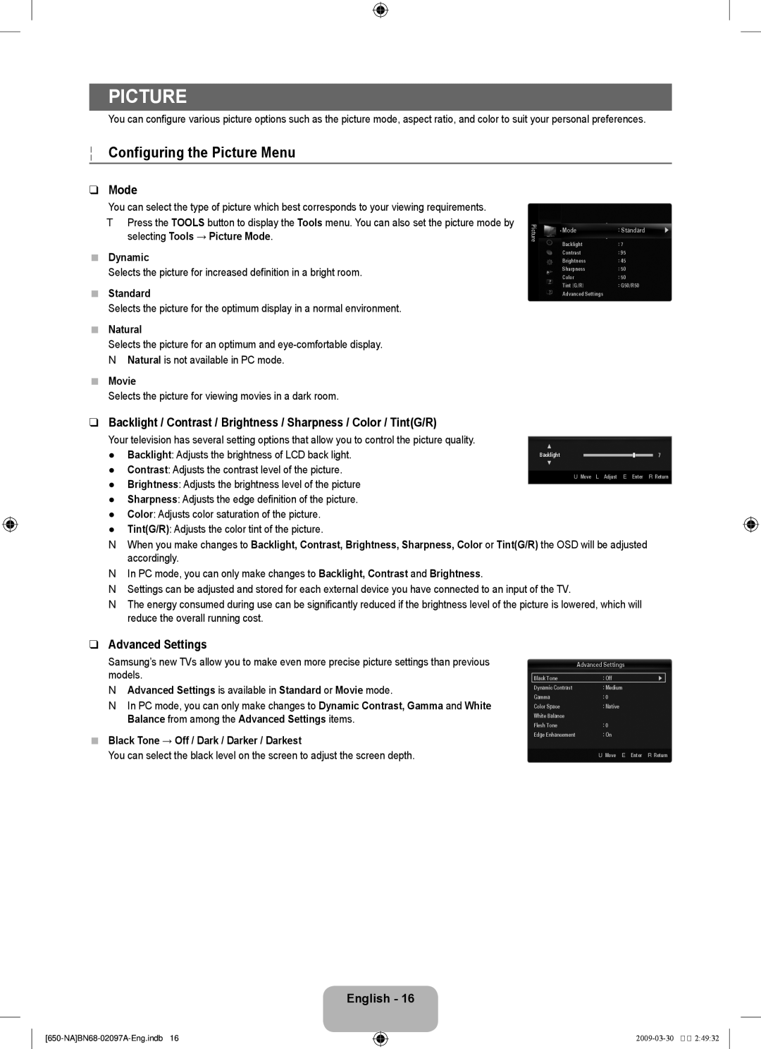 Samsung LN40B60, LN46B60 user manual Configuring the Picture Menu, Mode, Advanced Settings 