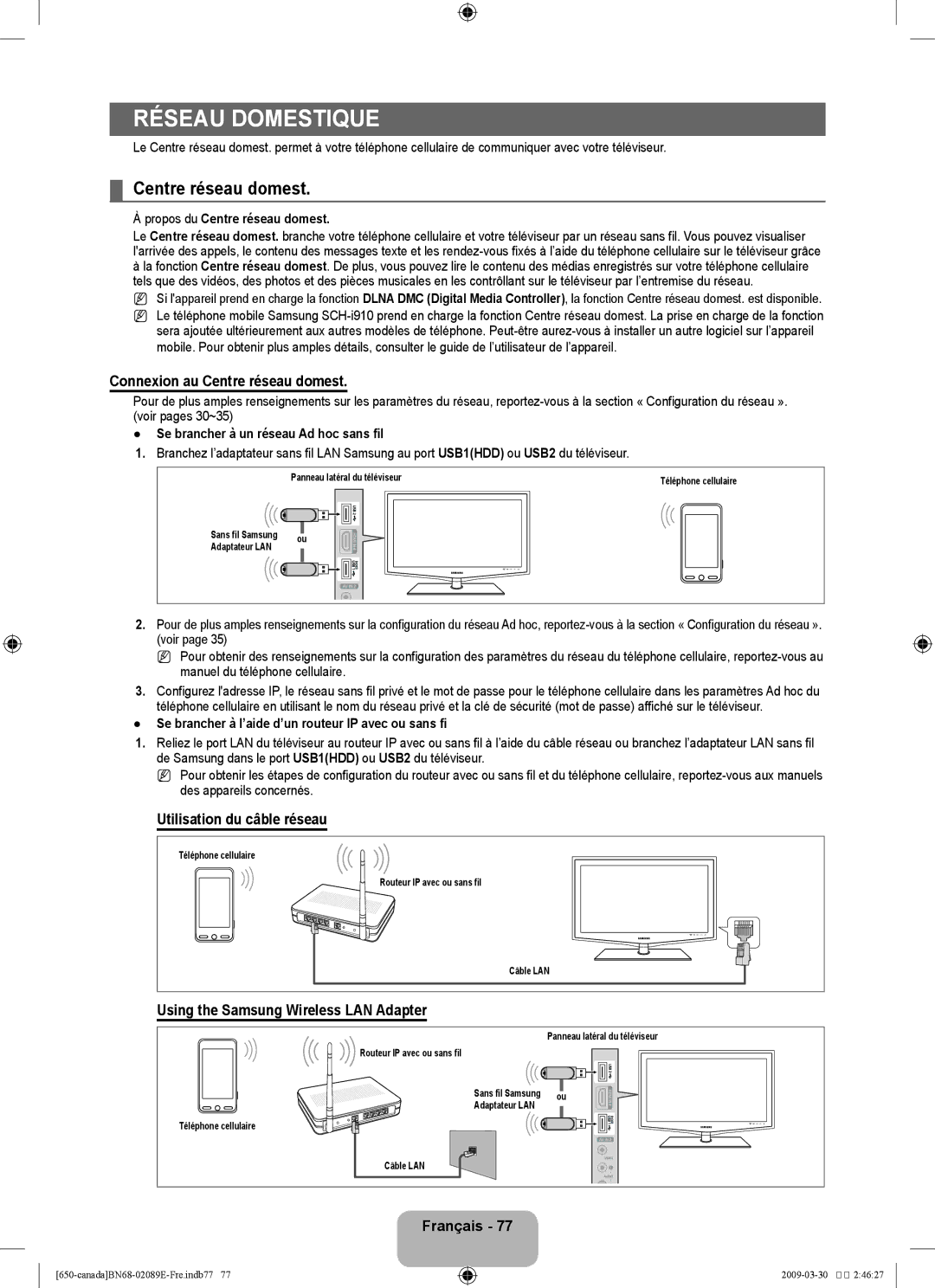 Samsung LN40B60, LN46B60 user manual Réseau domestique, Connexion au Centre réseau domest, Utilisation du câble réseau 