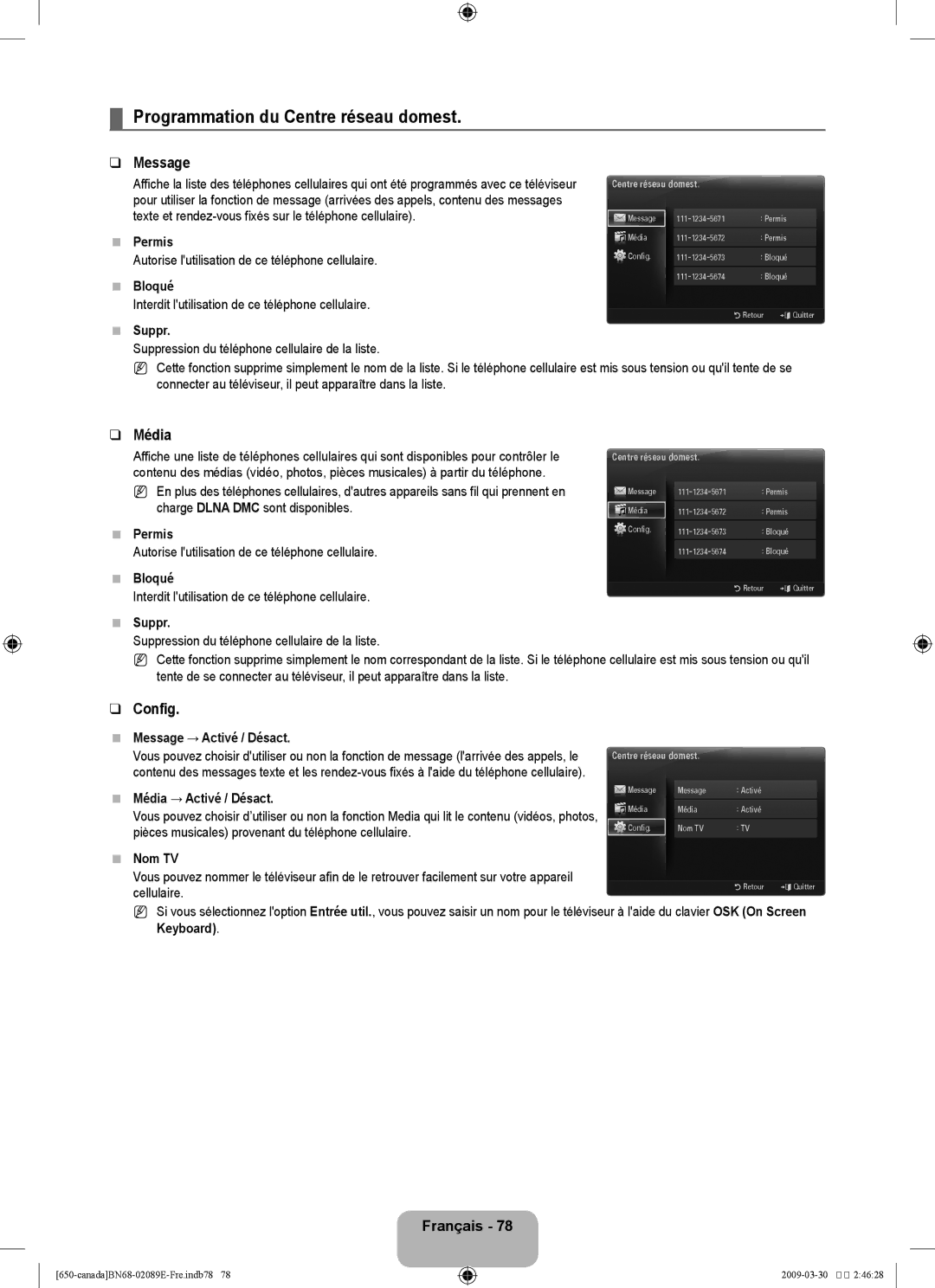 Samsung LN46B60, LN40B60 user manual Programmation du Centre réseau domest, Média, Config 