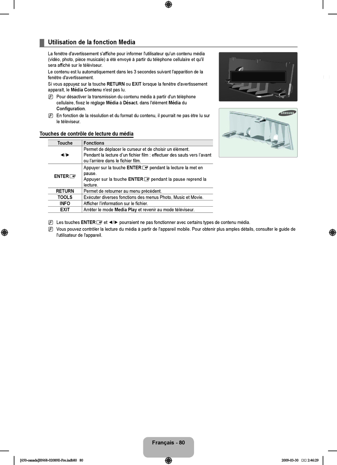 Samsung LN46B60, LN40B60 user manual Utilisation de la fonction Media, Touches de contrôle de lecture du média 