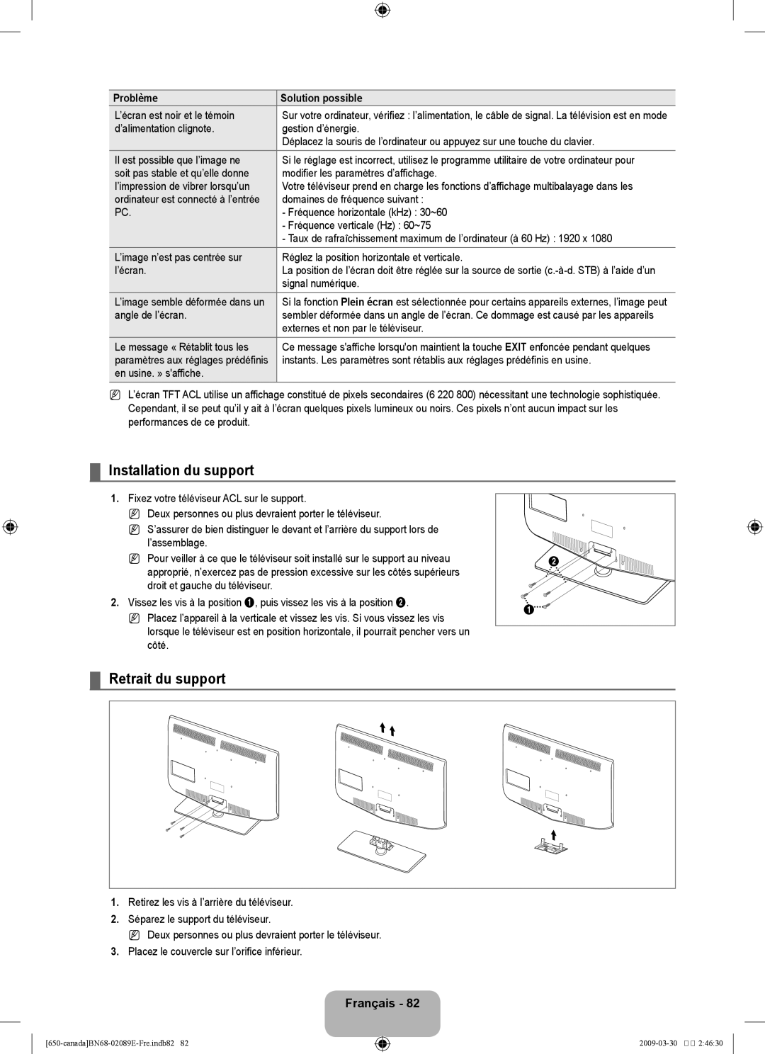 Samsung LN46B60, LN40B60 user manual Installation du support, Retrait du support, Séparez le support du téléviseur 