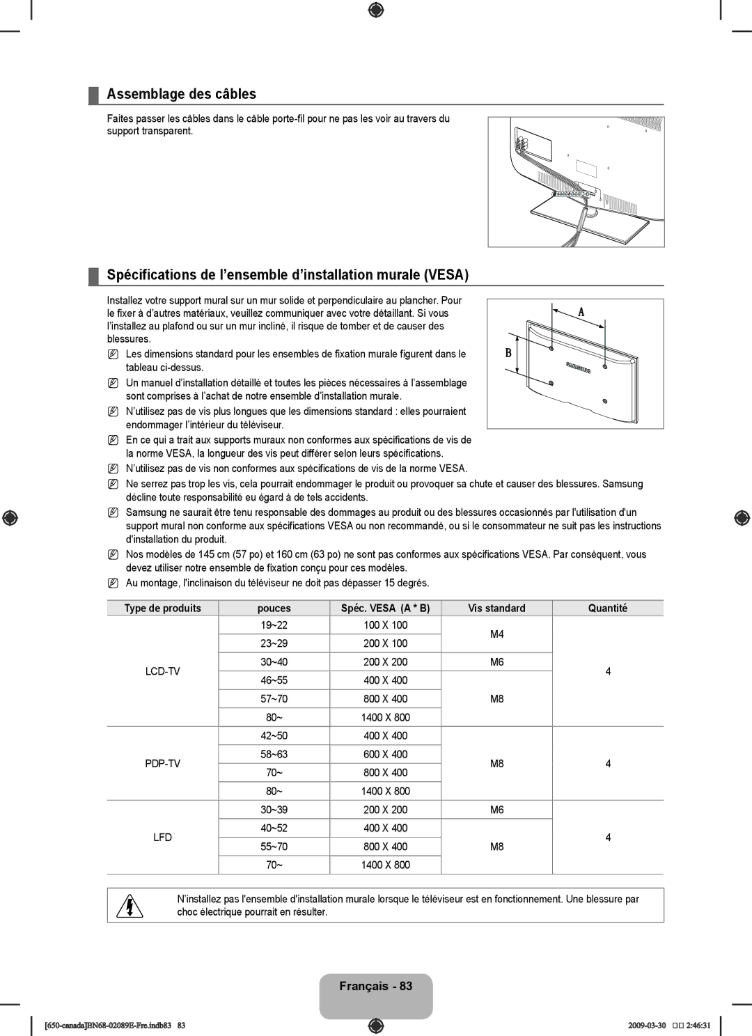 Samsung LN40B60, LN46B60 user manual Assemblage des câbles, Spécifications de l’ensemble d’installation murale Vesa 