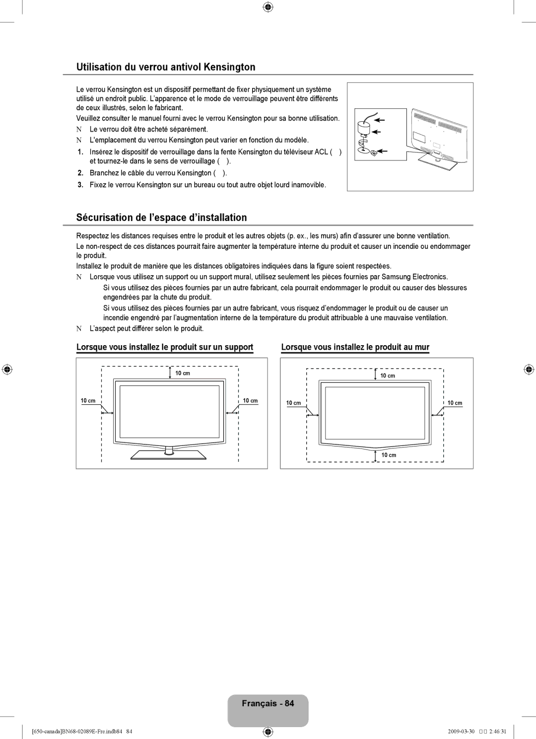 Samsung LN46B60, LN40B60 user manual Utilisation du verrou antivol Kensington, Sécurisation de l’espace d’installation 