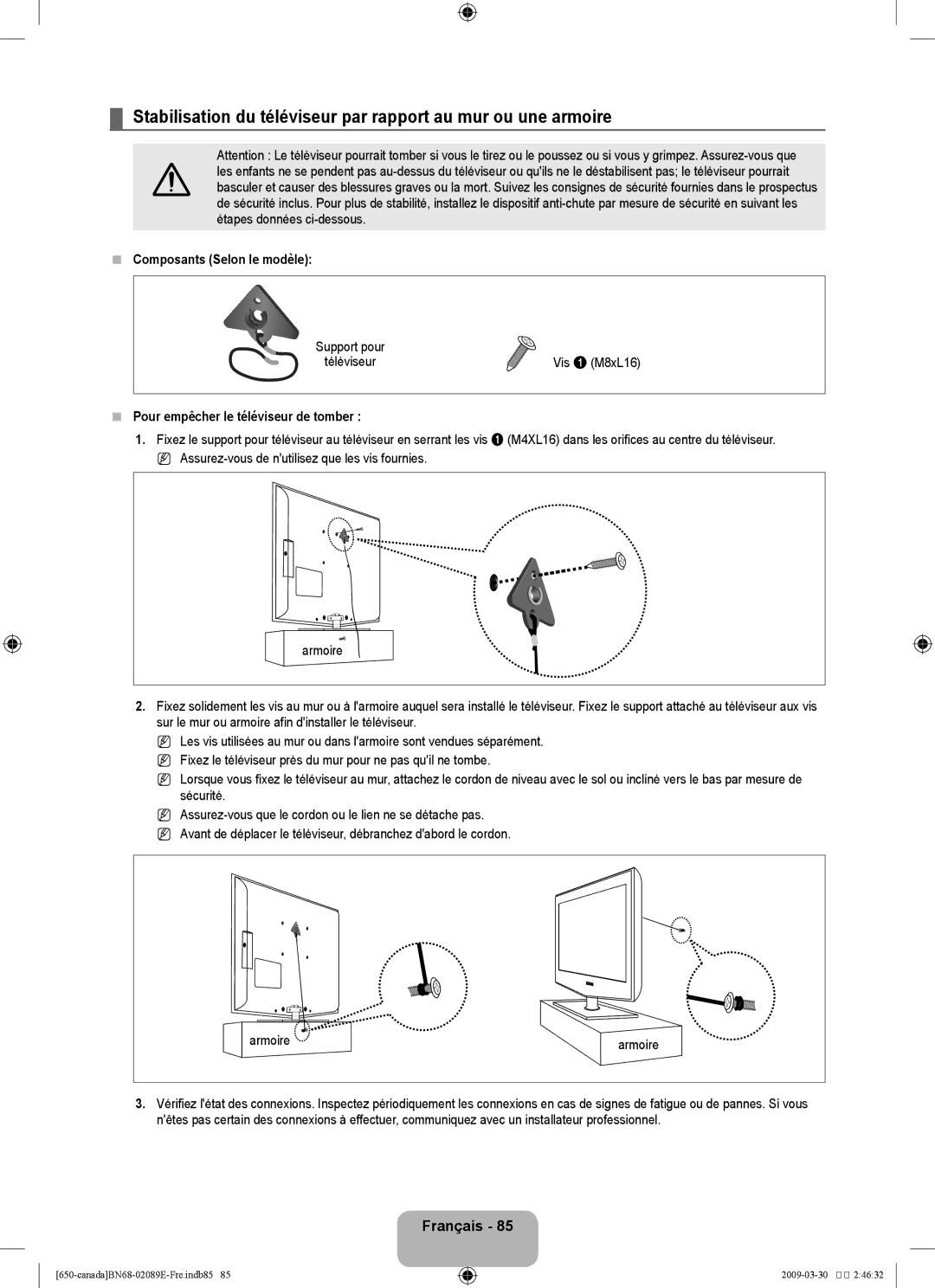 Samsung LN40B60, LN46B60 user manual Français 8,  Composants Selon le modèle,  Pour empêcher le téléviseur de tomber 