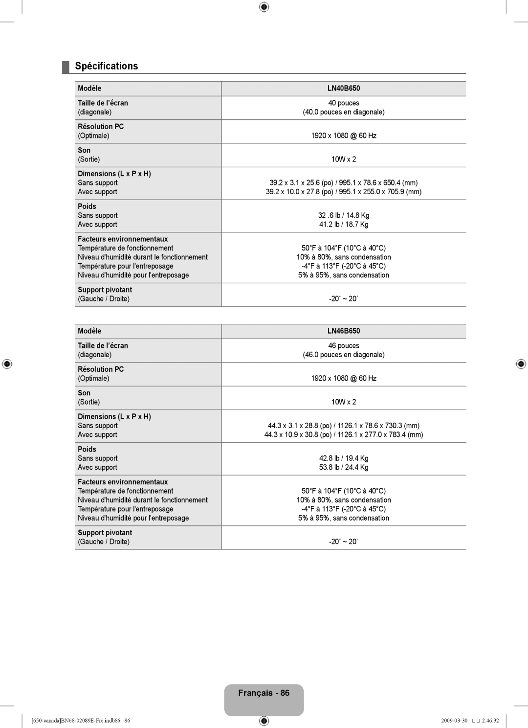 Samsung LN46B60, LN40B60 user manual Spécifications 