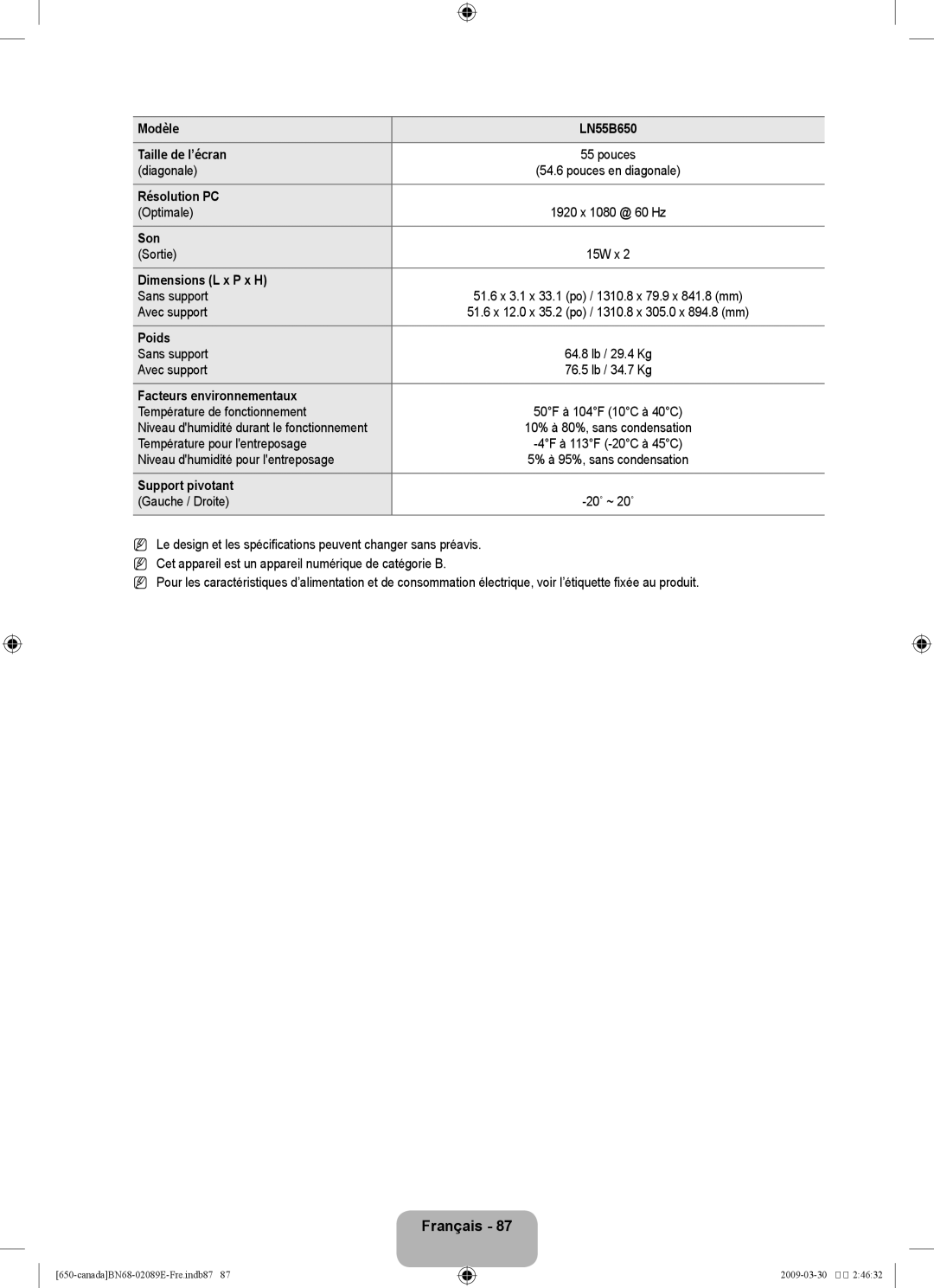 Samsung LN40B60, LN46B60 user manual Modèle LN55B650 Taille de l’écran 