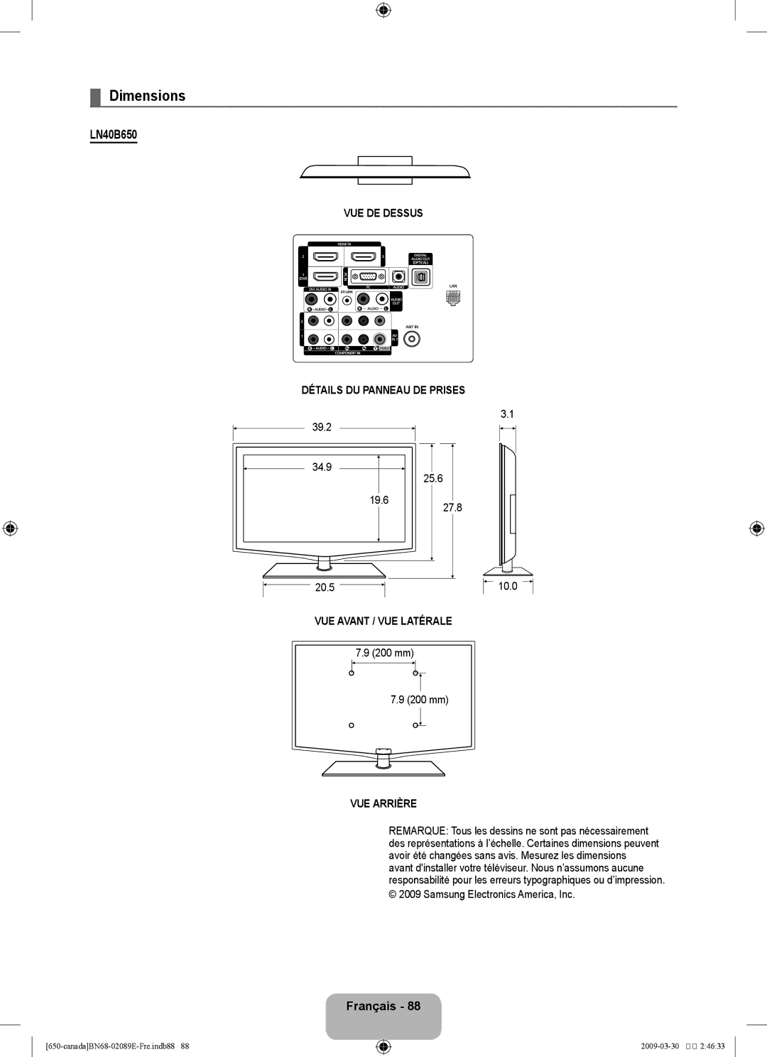 Samsung LN46B60, LN40B60 user manual VUE DE Dessus Détails DU Panneau DE Prises 